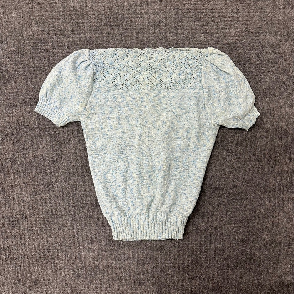 Teasers Knit Top Womens Size S Blue Short Sleeve Crochet Lace Yoke Puff Sleeve